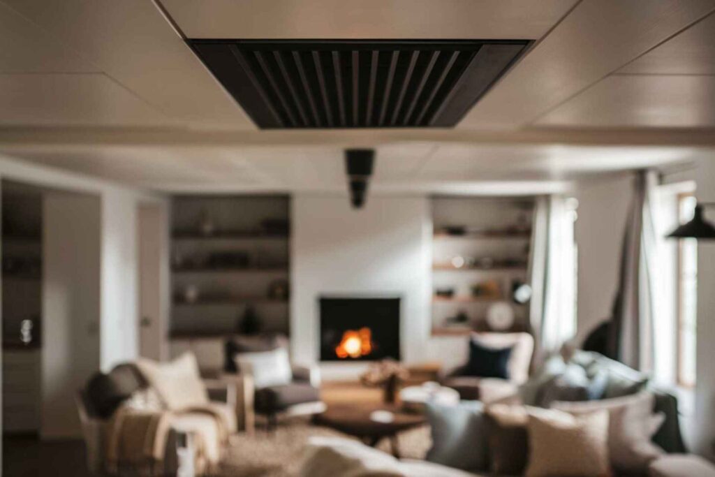 Blurry living room with a focal fireplace, featuring modern decor and soft seating under a ceiling-mounted air conditioner, enhanced by a water softening system.