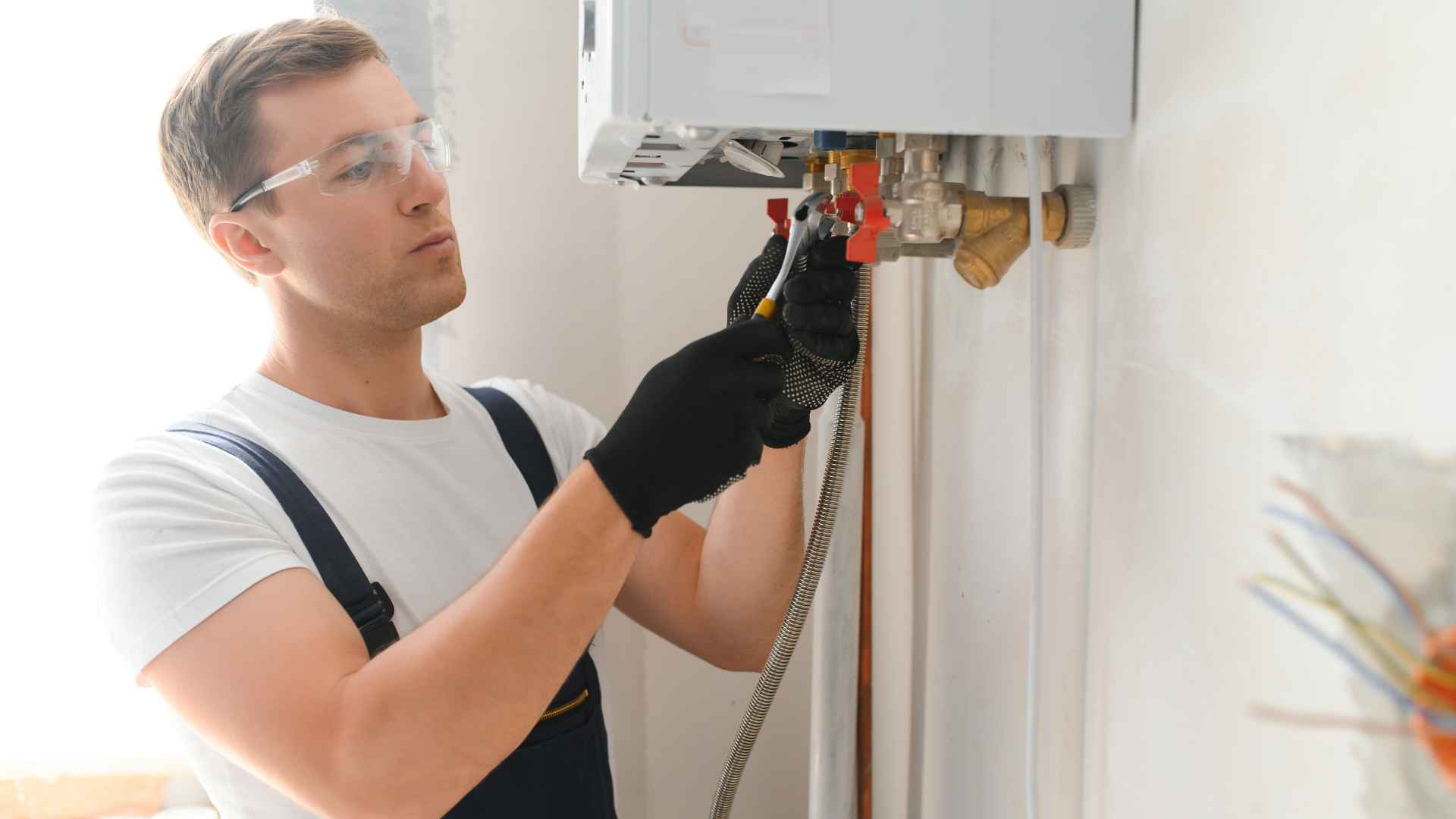 A plumber wearing safety goggles adjusts a residential gas line water heater.