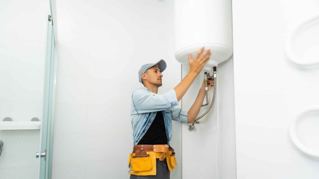 A plumber in a cap and tool belt installs a water heater