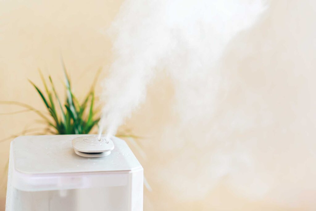 A humidifier operating, emitting steam, with a small green plant beside it against a soft beige background, incorporates water softening technology.
