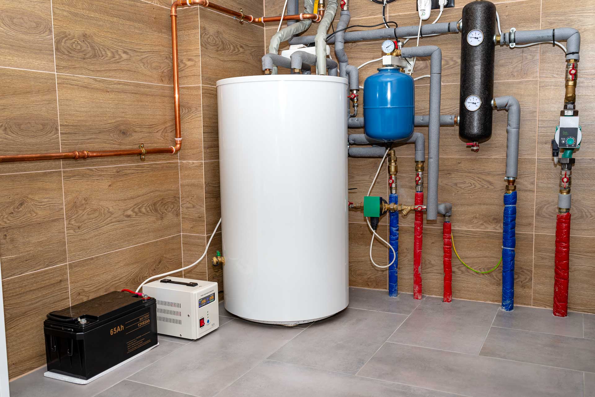 A home kitchen heating and cooling system with a white water heater, copper pipes, a blue expansion tank, various gauges, and an electrical unit on the floor.