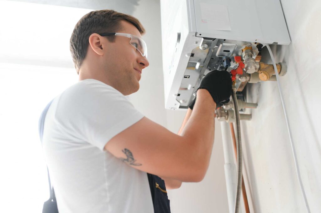 A technician in a white t-shirt and black gloves repairs a kitchen heating and cooling system.