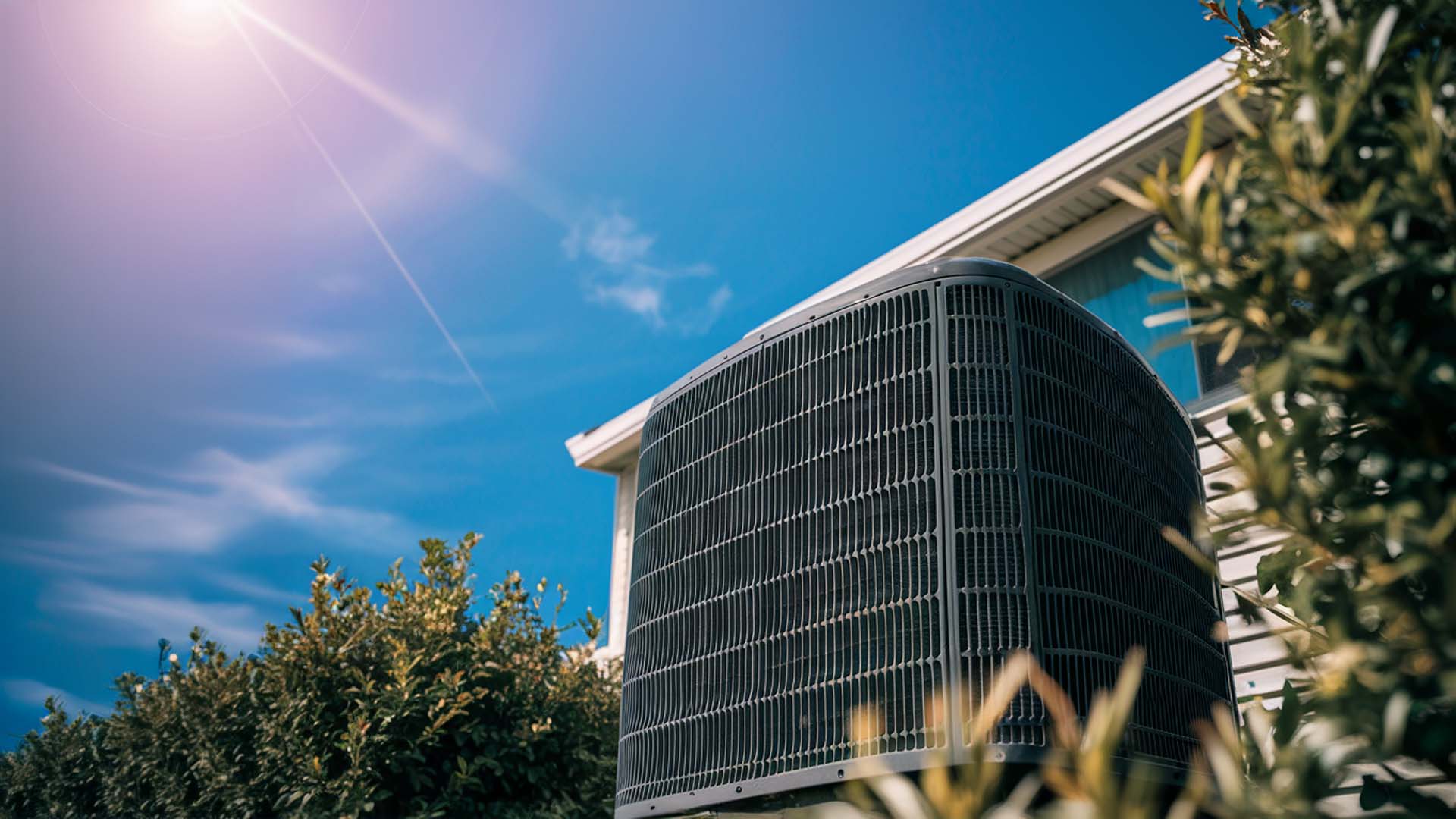 Outdoor air conditioning unit next to a house with clear blue skies and sunlight in the background.