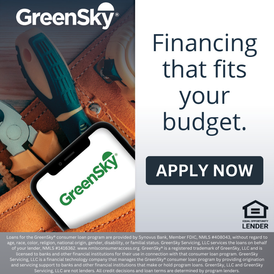 Advertisement for greensky consumer loan programs with a focus on financing that fits your budget - apply now button featured.