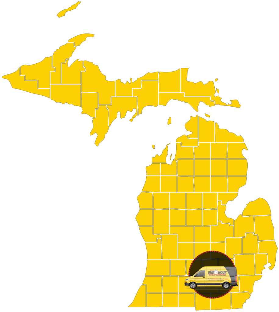 Map of Michigan highlighting a specific area with a badge that includes heating and cooling tools, indicating a focus on heating and cooling activity in that region.