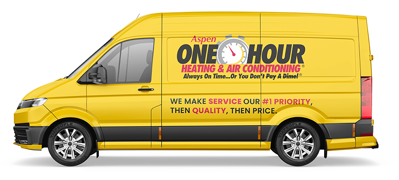 A yellow and gray commercial van branded with "Aspen One Hour Heating, Air Conditioning & Plumbing" and promotional text about service priorities.