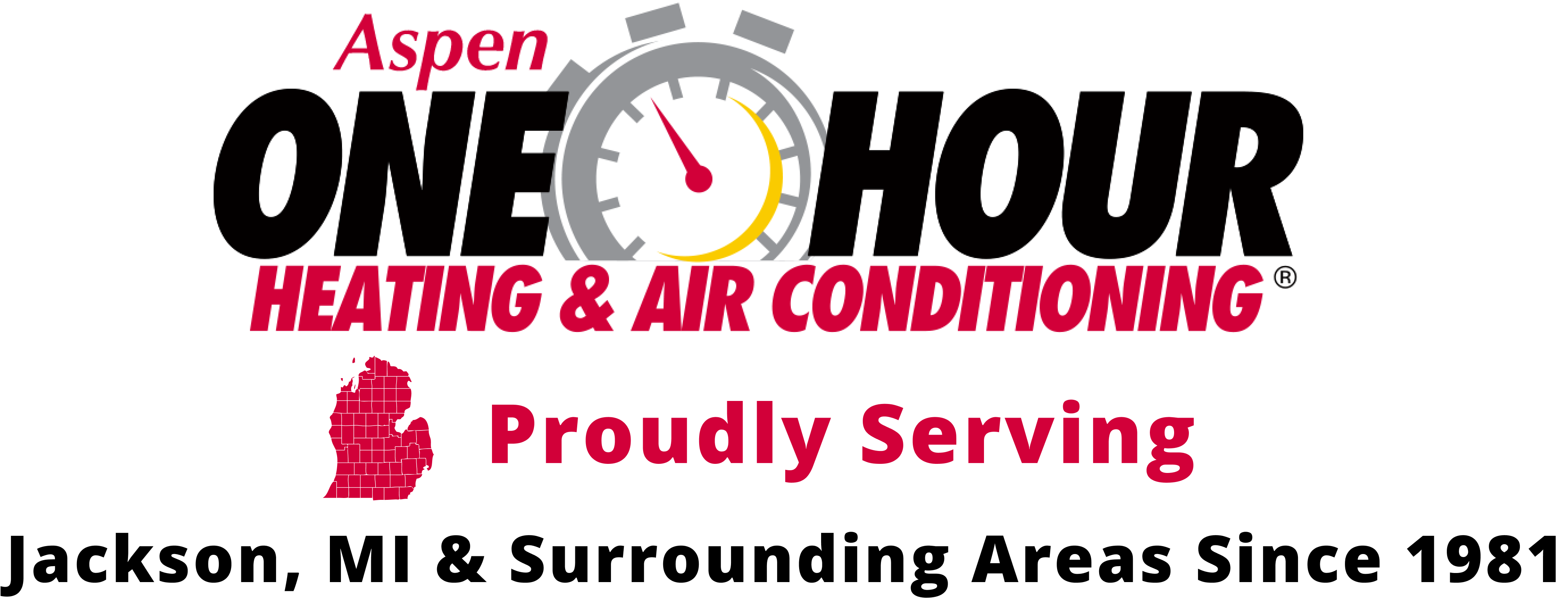 Logo of aspen heating & air conditioning featuring a stopwatch graphic, bold text, and a silhouette of the state of utah, with the tagline "proudly serving.