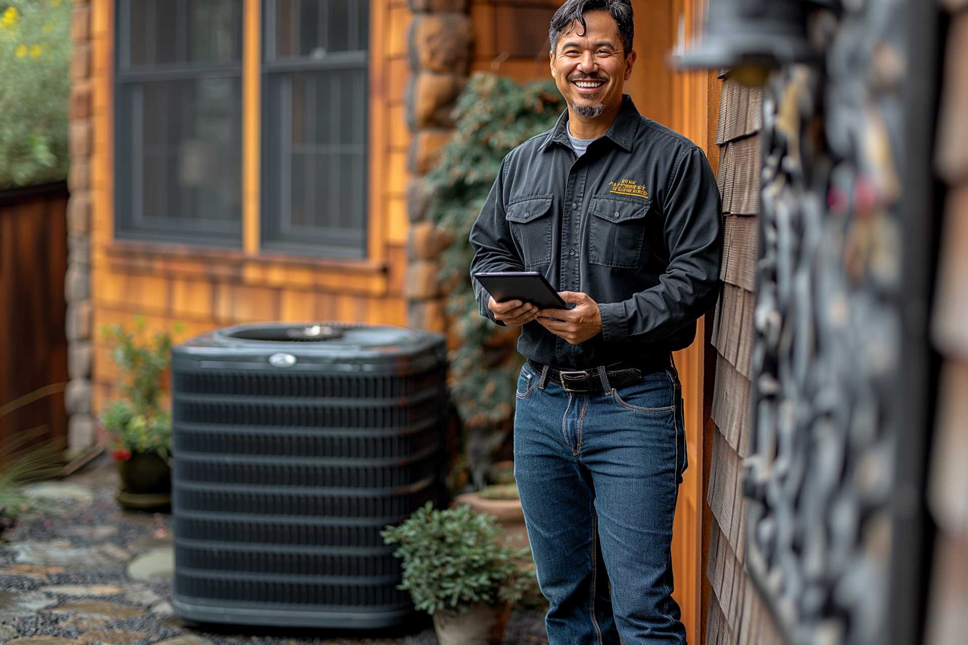 A man in a black jacket holding a tablet stands next to an outdoor air conditioning unit, smiling, with a cabin-like house in the background.