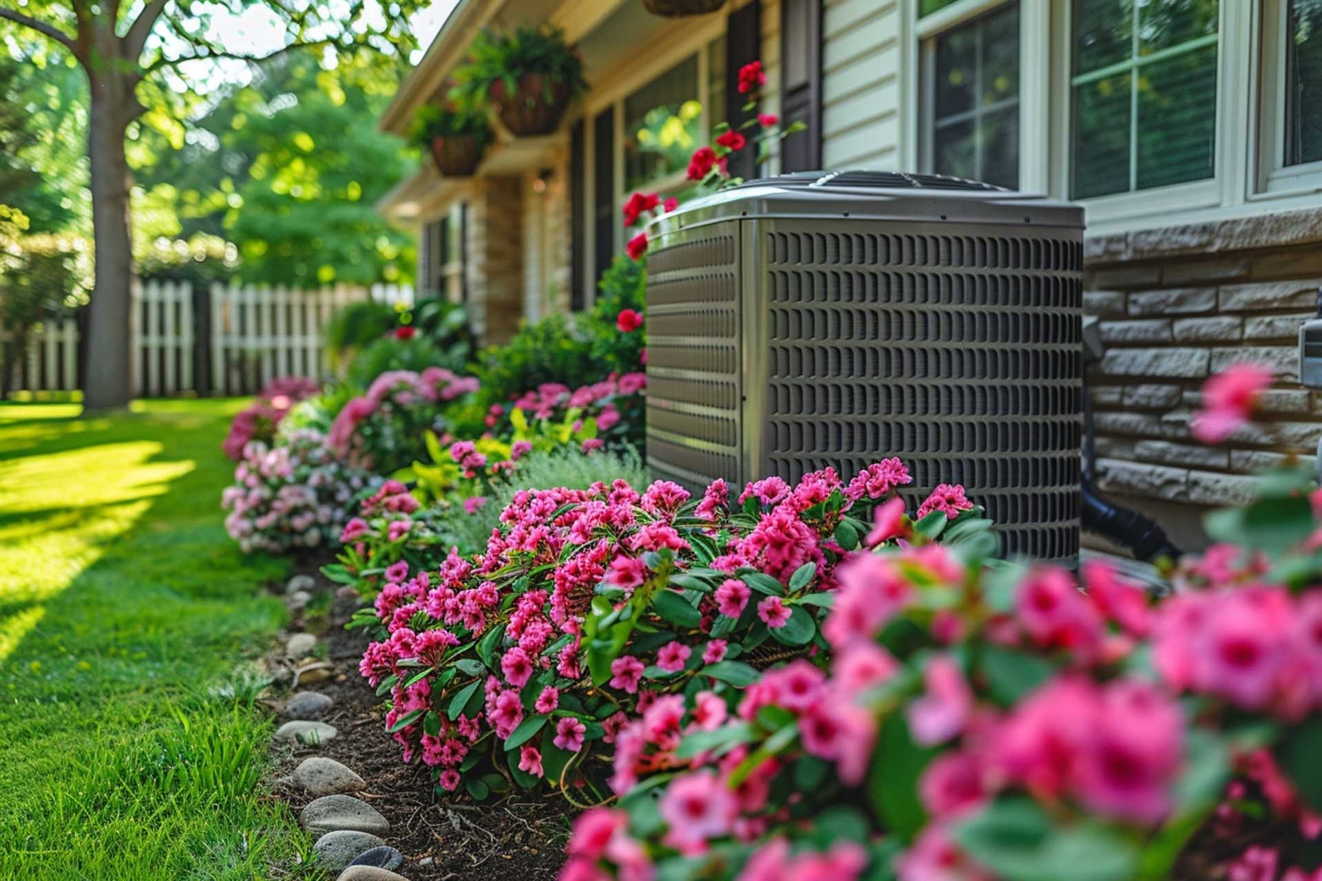 Air conditioning unit next to a house with a blooming flower bed and green lawn in the background.