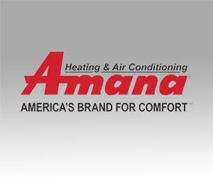 Logo of Amana heating, air conditioning & plumbing with the tagline "America's brand for comfort" in red and grey color scheme.