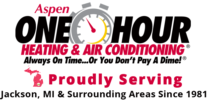 Logo of aspen one hour heating & air conditioning, featuring a clock and text, "always on time...or you don't pay a dime!®", and mentioning service in jackson, mi since 1981.