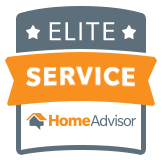 Badge logo for homeadvisor elite heating and cooling service with three stars and an orange banner.