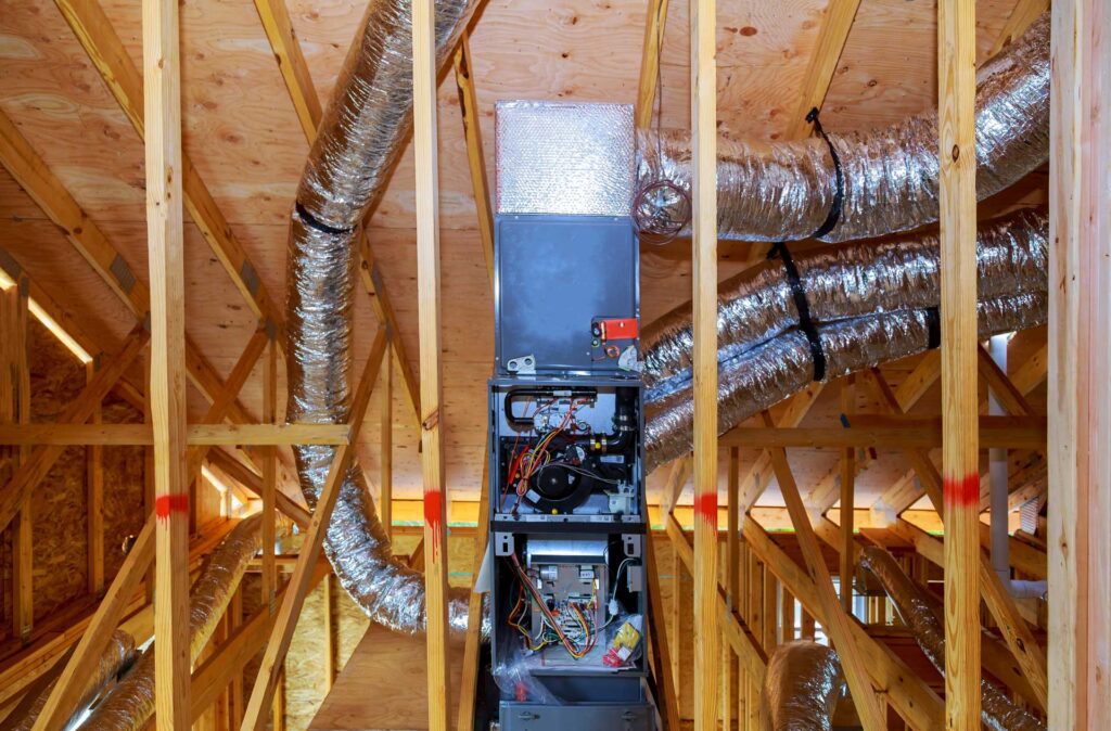 HVAC system installation inside the wooden frame of a building with connected silver ductwork and integrated water filtration.