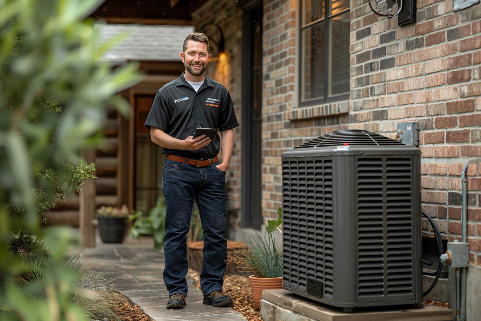 A technician smiling by a new air conditioning unit outside a brick house, holding a digital tablet.