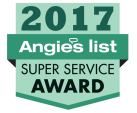 2017 Angie's List Super Service Award badge for plumbing in teal and white with a silver ring at the top.