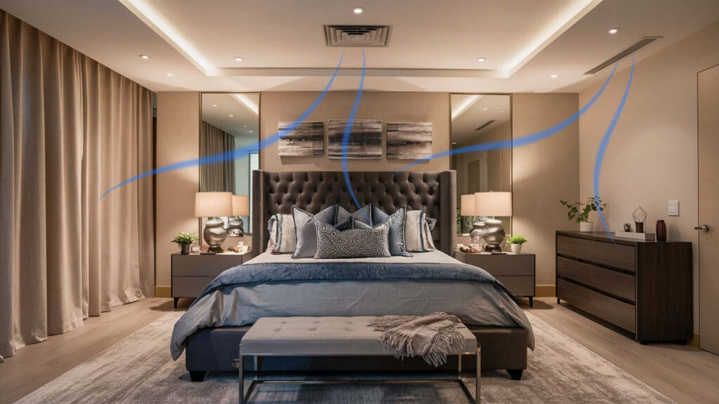Elegant modern bedroom with a large bed, stylish headboard, mirrored side tables, and abstract art above the bed, enhanced by a water filtration setup that adds to the room's serene ambiance.