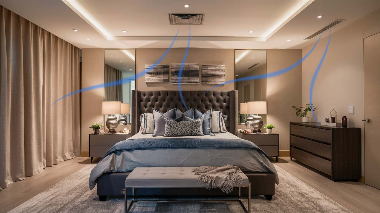 Modern bedroom with a large bed, side tables with lamps, abstract wall art, and soft lighting featuring a water filtration system.