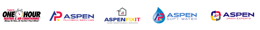 Six distinct logos for Aspen's various services including plumbing, heating, air conditioning, fix-it, software, and drain services.