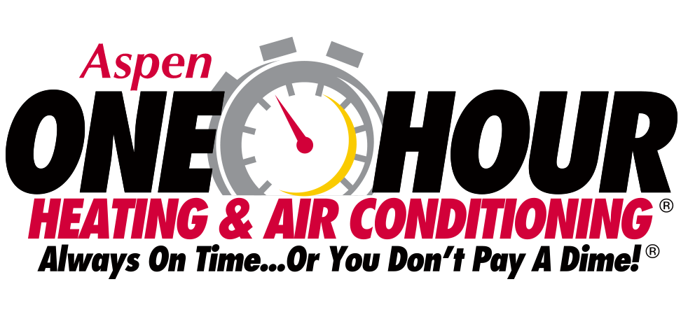 Logo for Aspen One Hour Heating & Air Conditioning, featuring a red and yellow clock design with bold red text underneath.