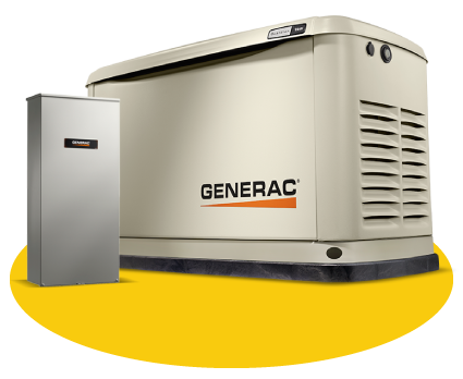 Image of a Generac home standby generator and accompanying control box on a yellow background. The generator is light gray with vents and the brand name displayed on the side.