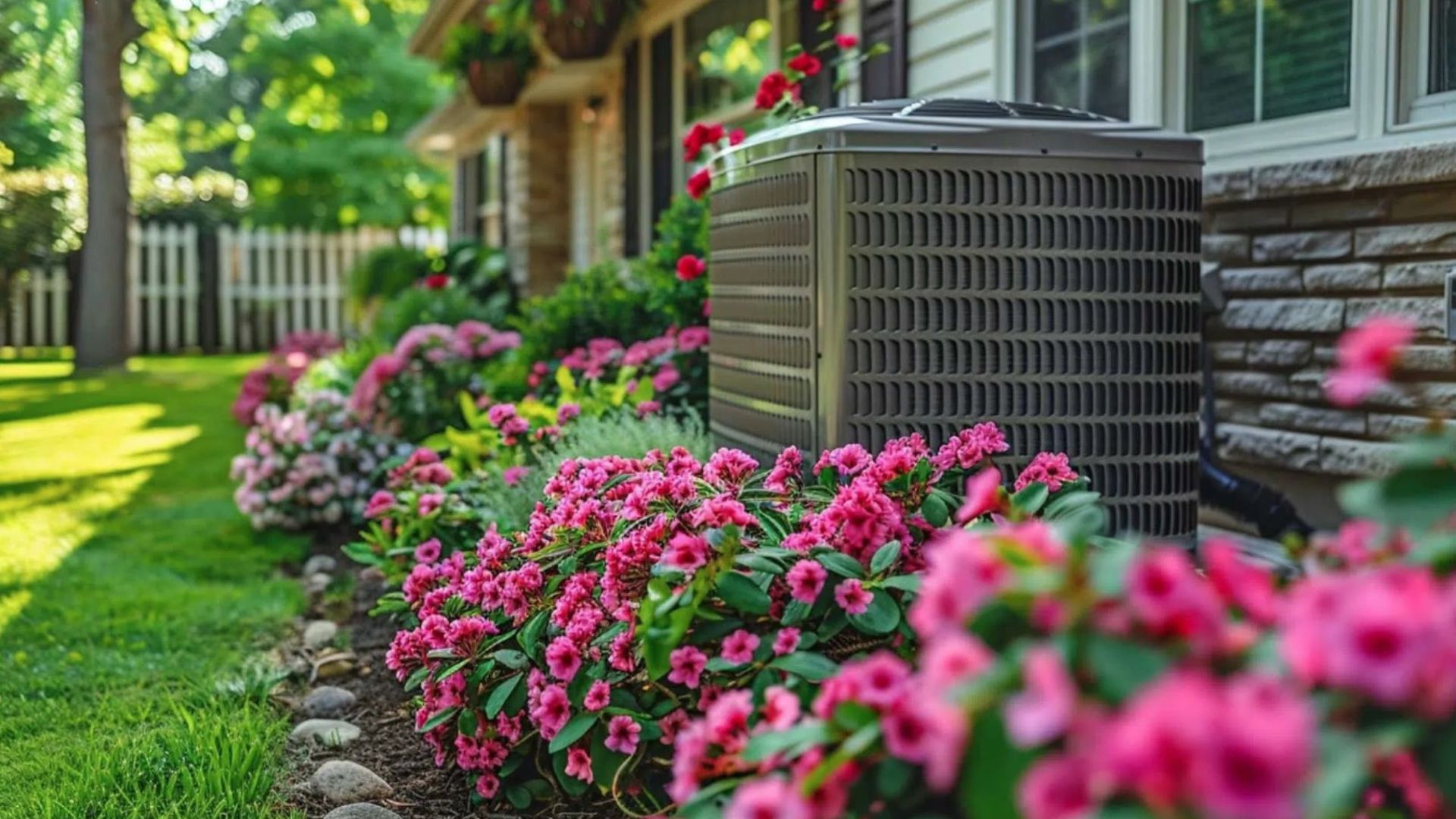A central HVAC unit is installed beside a house with flowers