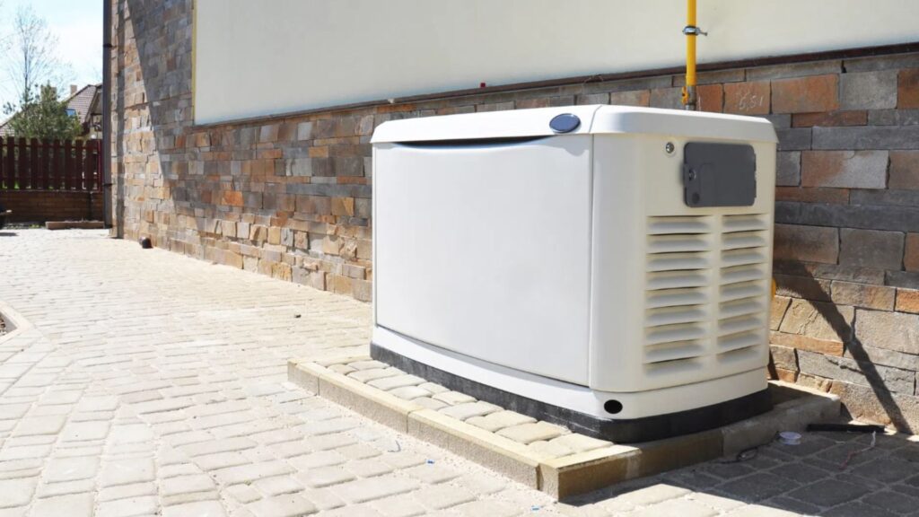 A standby generator is installed on a concrete pad next to a brick wall outside a building in Dexter, MI, providing reliable backup power alongside the HVAC system.