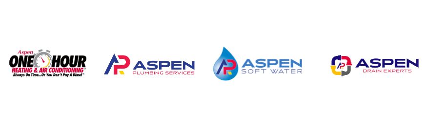 Logos for Aspen One Hour Heating & Air Conditioning, Aspen Plumbing Services, Aspen Soft Water, and Aspen Drain Experts on a white background, showcasing comprehensive heating solutions.