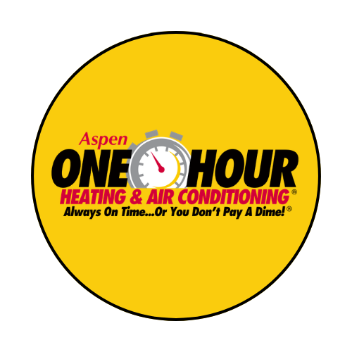 Yellow circular HVAC logo for Aspen One Hour Heating & Air Conditioning with a stopwatch graphic and the slogan “Always On Time… Or You Don’t Pay A Dime!” in red and yellow text.