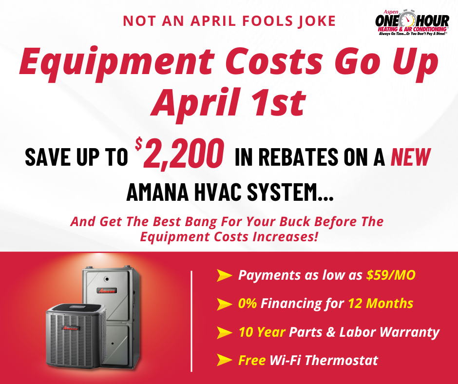 Promotional flyer for Amana HVAC systems, highlighting rebates up to $2,200 before April 1st, with financing options, warranty details, and a free Wi-Fi thermostat offer.