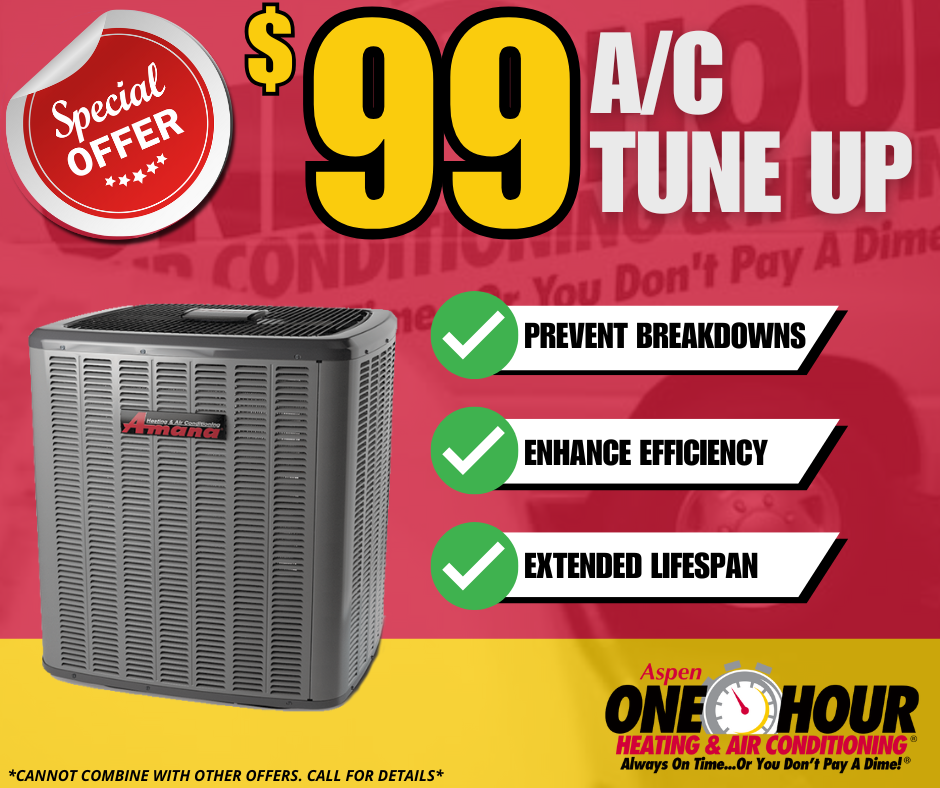 Advertisement for a $99 A/C tune-up special offer, showing an Amana air conditioning unit and listing benefits: prevent breakdowns, enhance efficiency, and extend lifespan.