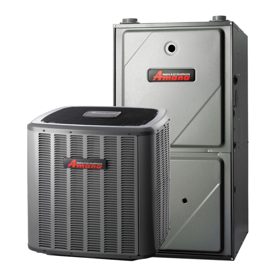 Amana branded heating and cooling HVAC units, including a furnace (right) and an air conditioning condenser unit (left), set against a plain background.