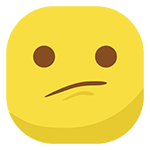 A yellow square emoji face with large brown eyes and a slanted, uneven mouth, expressing confusion or uncertainty.