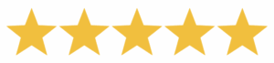 Five yellow stars are displayed in a row on a transparent background, representing a five-star rating.