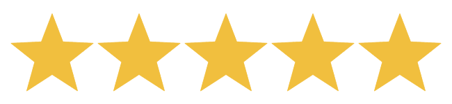 Five yellow stars are displayed in a row on a transparent background, representing a five-star rating.