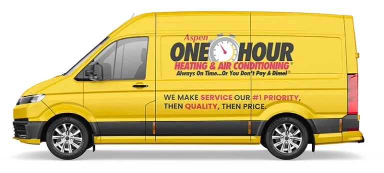 A yellow van with "One Hour Heating & Air Conditioning" branding and the slogan, “We make service our #1 priority, then quality, then price,” is displayed on the side.