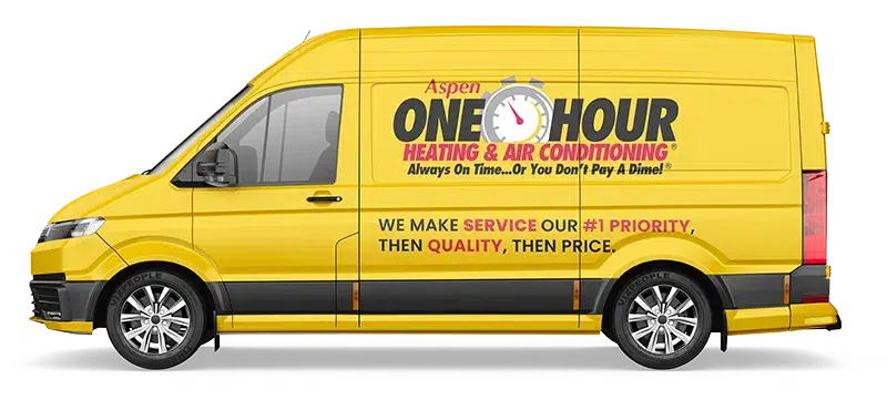 A yellow van with "One Hour Heating & Air Conditioning" branding and the slogan, “We make service our #1 priority, then quality, then price,” is displayed on the side.