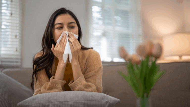 Woman Sneezing/blowing nose on a couch