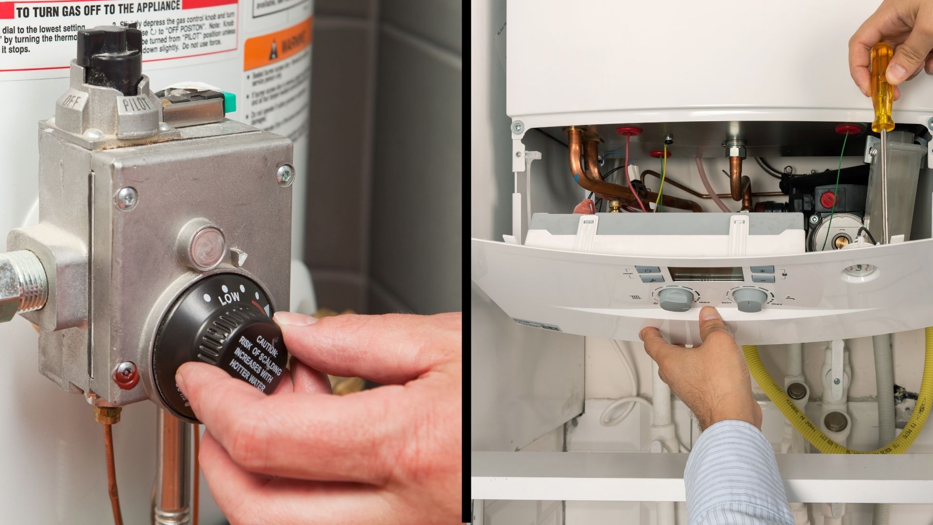 Split image: Left, a hand adjusts a Heating System gas water heater control knob; right, hands open the front panel of a boiler, using a screwdriver to make precise Heating System adjustments inside.