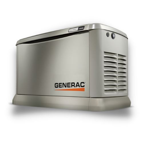 A silver Generac standby generator with vented side panel and logo, designed for backup power supply to homes or businesses.