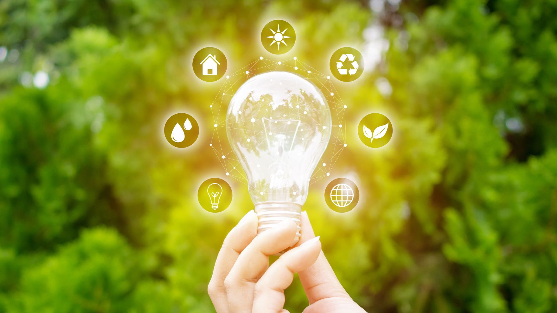 energy-efficient heating in michigan A hand holds a glowing lightbulb with various eco-friendly and sustainability icons surrounding it, set against a blurred green background.