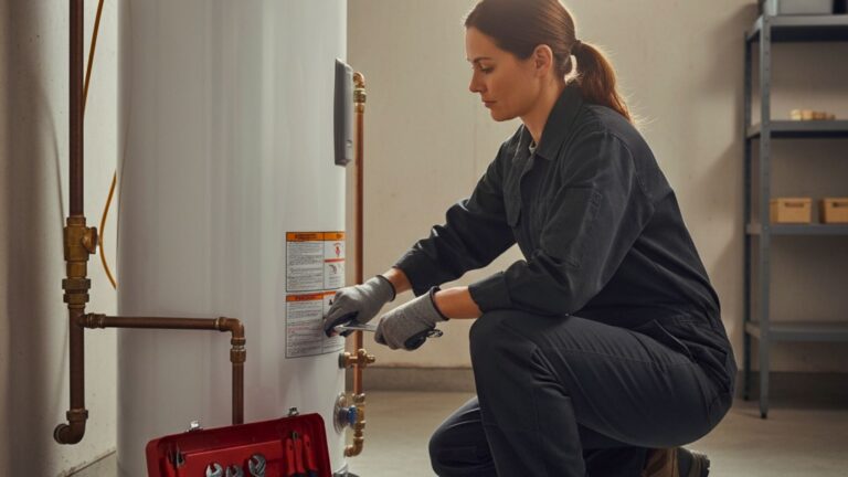 heater repair in michigan A person in work overalls and gloves inspects a water heater with a toolbox on the floor nearby in a utility room.