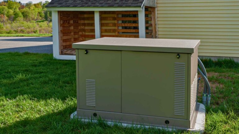 backyard of yellow farmhouse with a generator Infront of red shed
