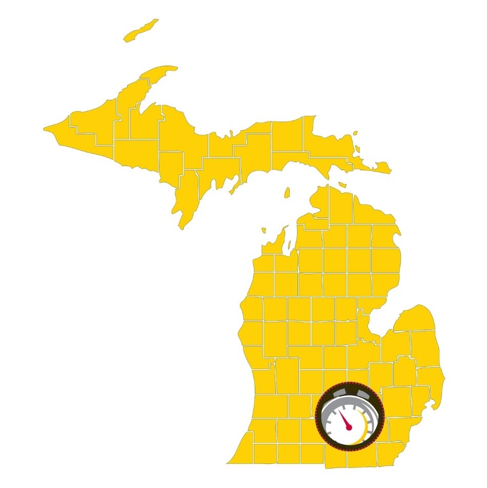 Map of Michigan with all counties shaded yellow and a speedometer icon positioned in the southeastern region of the Lower Peninsula, highlighting dexter mi and nearby HVAC services.