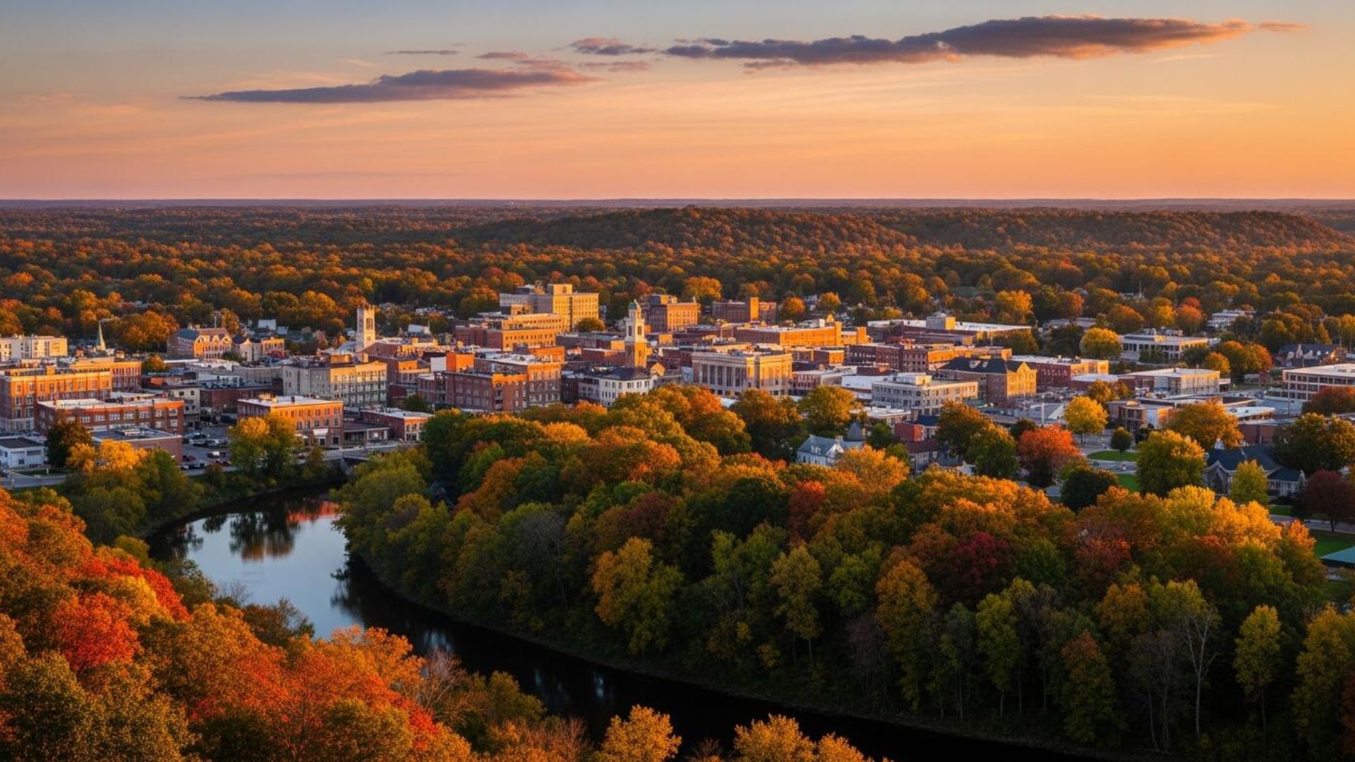Aerial view of a small city during sunset