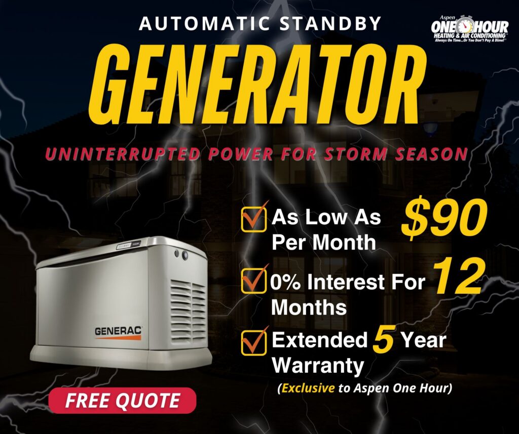 Ad for Generac automatic standby generator with pricing details, warranty offer, and a free quote button, by Aspen One Hour Heating & Air Conditioning.