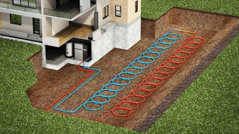 Graphic depicting underground heating and cooling techniques for a home system