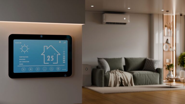 Thermostat on the wall in the foreground, with a couch sitting in the living room in the background