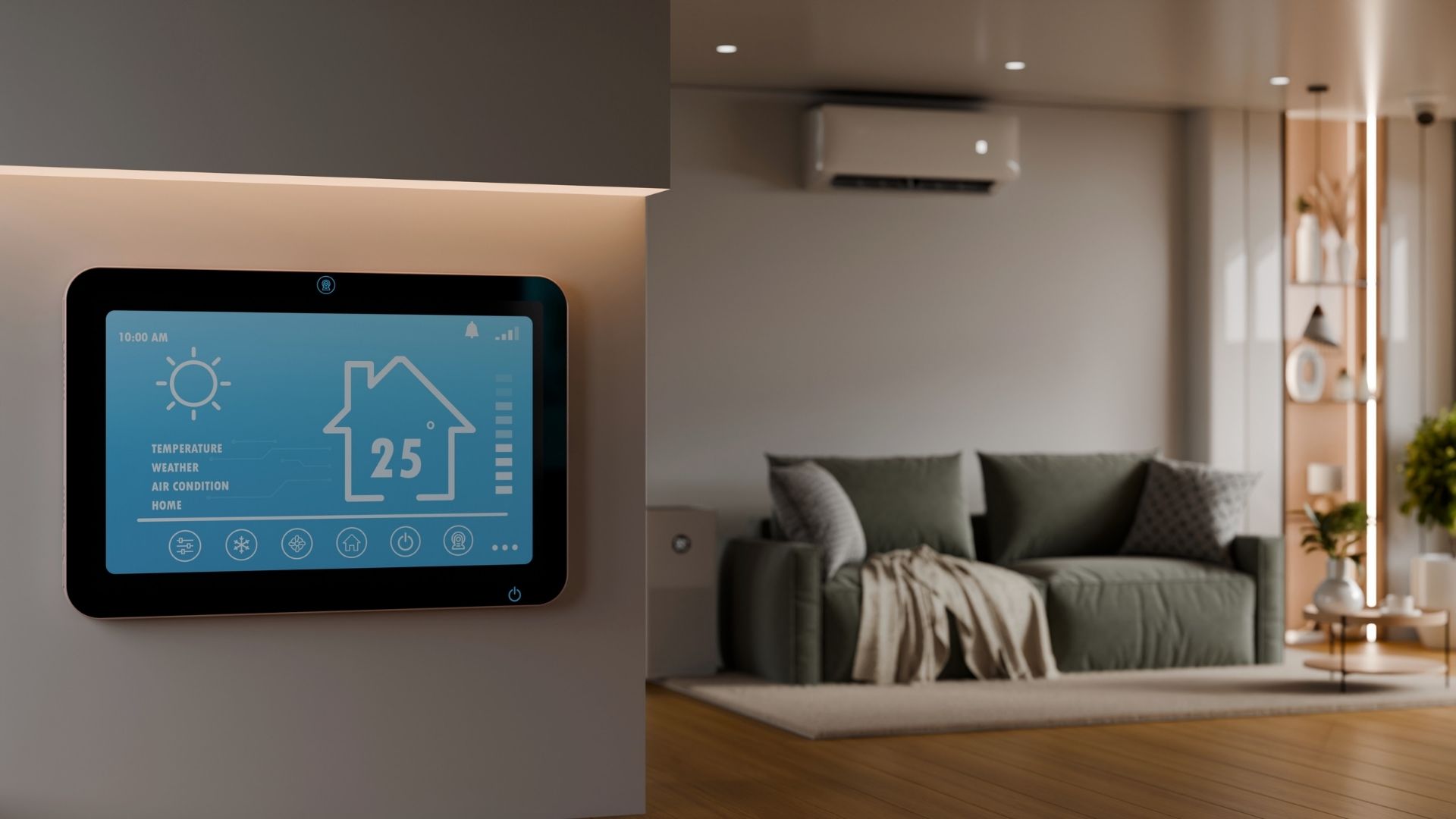 Thermostat on the wall in the foreground, with a couch sitting in the living room in the background