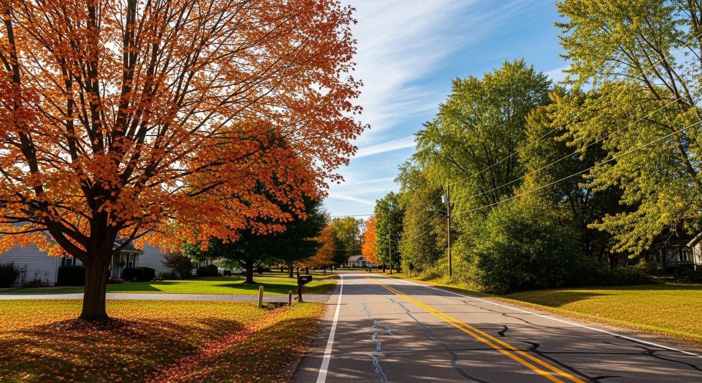 A suburban street lined with trees