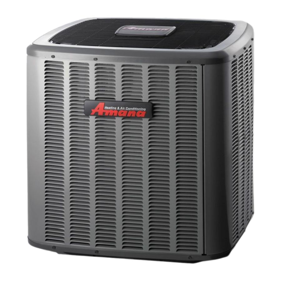 A gray Amana outdoor central air conditioning unit